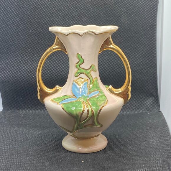 vintage hull art pottery magnolia vase 1940s pink  gold double handle 6in collec - Picture 1 of 6